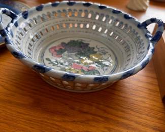 Decorative ceramic bowl - Blue and white floral patterned serving dish with handles