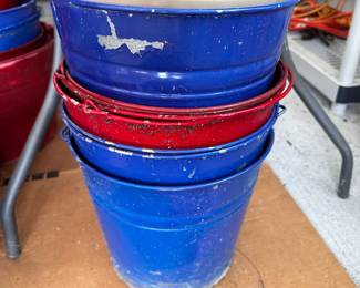 Set of blue and red ceramic flower pots.