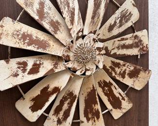 Distressed metal windmill wall art - Rustic farmhouse style decorative windmill with weathered finish