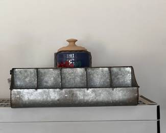 Galvanized metal divided organizer - Rustic metal storage caddy with compartments and wooden handle
