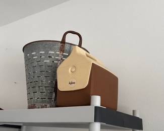 Galvanized metal olive bucket with leather handle - Vintage style metal basket with woven pattern