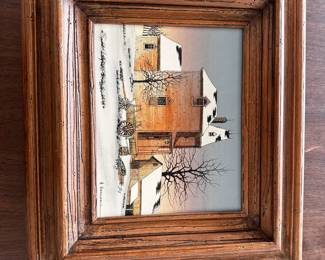 Framed summer house scene painting in wooden frame.