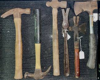We have multiple more hammers than in this photo..: just thought a couple of these were noteworthy.
•Vintage Mellor No. 1 Box Opener Create Hammer Pry Tool Crate Opener Sedalia, MO
•BRIDGEPORT Tomahawk No. 99 - 112234