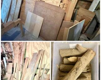 Various Sheets of plywood, boards, live edge boards, small logs.