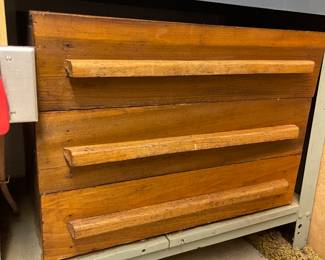Vintage wood chest with top drawer outfitted with Lathe wood carving tools