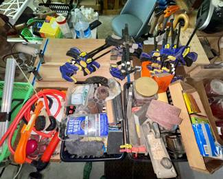 Miscellaneous clamps, Hand tools, files, shop supplies, bolts, washers, penny nails; hoses, brushes... stuff