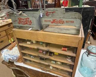 Vintage Sewing Box and Pepsi 6 Pack Bottle Carrier Racks