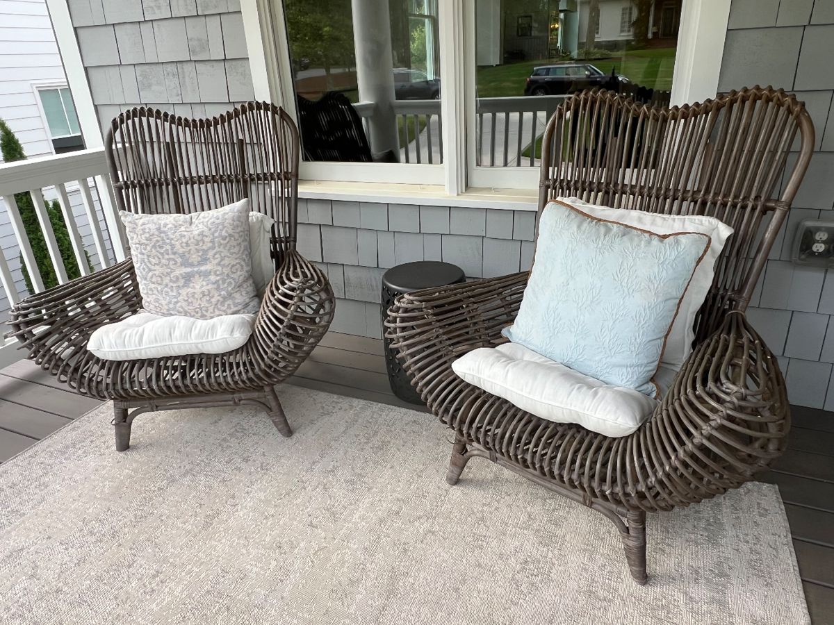 Pair of modern wicker patio chairs