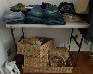 Designer jeans, leggings, Soma intimates, storage baskets