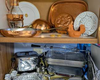 Chrome Mid Century Deep Fryer, Chrome Mid Century Waffle Maker, Silver Plated and Copper Plated Serving Pieces