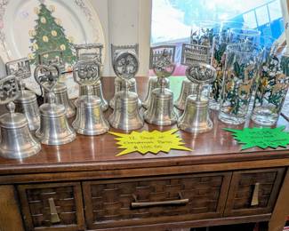 Mid Century Xmas Glasses, Compete Set of Pewter Twelve Bells of Christmas, Waffle Weave Pattern Mid Century Modern Sewing Cabinet with Singer Sewing Machines