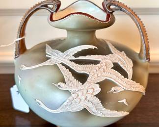 STAFF FAVORITE! $600; Nippon pottery vase with 3-d relief of swans; 7"h