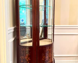 $1,200 - Louis XV style curved curio cabinet with glass, locking door plus inlaid wood in botanical pattern (27x14x57) - next image shows details
