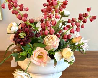 $100 - floral arrangement in white ceramic urn