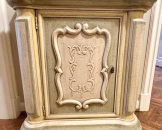 $200; wooden console table with speckled paint