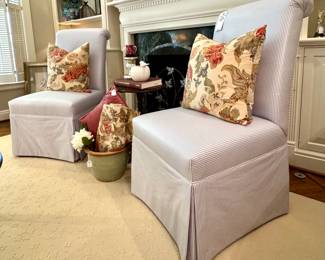 ($250 each - 2 available; blue and white custom upholstered chairs; 23x23x41) ($48 each - 2 available; down Pottery Barn pillows)