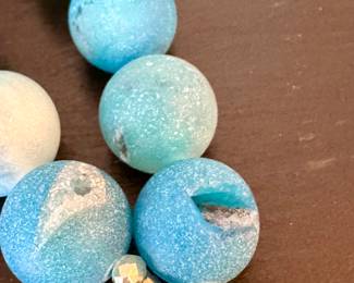 SOLD; coin pearl and larimar stone necklace; closeup details
