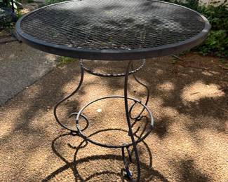 $350 for 3-piece set; round, wrought iron bistro patio table with two high back chairs; table: 31x 29; chairs: 24x20x40