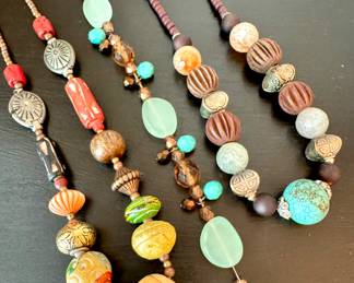 ($78; tribal bead necklace) ($18; brown and blue beaded necklace) ($68; tribal beaded necklace)