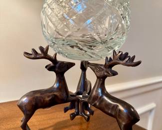 $68; cut glass bowl on 3 metal deer stand; 9"h