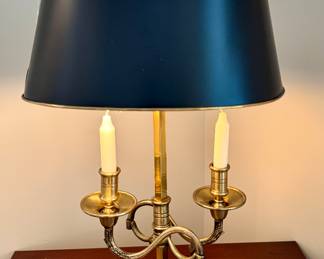 $250; vintage brass double candlestick lamp with black metal shade; 14x25. GREAT piece!