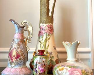 ($100; Marmor Zellan ceramic pitcher with hand adornment; 8"h) ($150; RSTK hand painted floral vase' 13"h) ($80; porcelain urn on stand; 4"h) ($60; hand painted porcelain rose vase; 5"h)