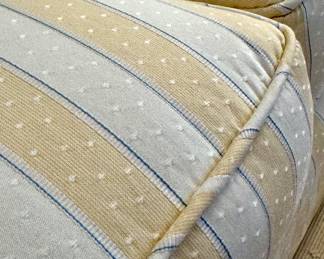 $600 - custom upholstered striped sofa with loose back pillows and skirt, in great condition; 86x35x33; close up view of upholstery