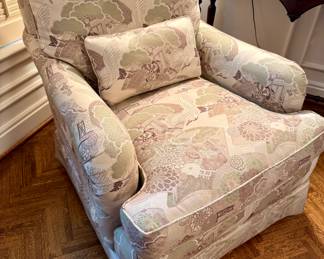 $800; custom upholstered club chair by Baker with loose back pillow, skirt and lumbar pillow; GREAT condition! 33x38x36