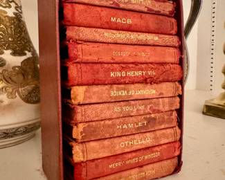 $80; miniature set of Shakespear books; one missing. Price accordingly 5.5"h