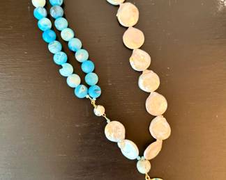 SOLD coin pearl and larimar stone necklace