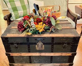 ($300; antique steamer trunk; 34x21x24) ($48; floral wreath)