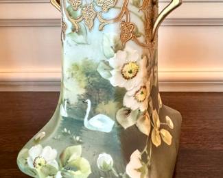$100; Nippon hand painted pottery vase with gold accents; 8"h