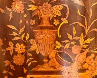 $1,200 - Louis XV style curved curio cabinet with glass, locking door plus inlaid, wood and botanical pattern (27x14x57); close up detail of inlaid design