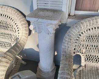 Nice antique beaded wicker large set decorative pillar stands concrete laying lions etc.