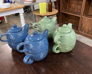 Pier 1 Blue & Green Stacking (3 pc) Teapots & Cups