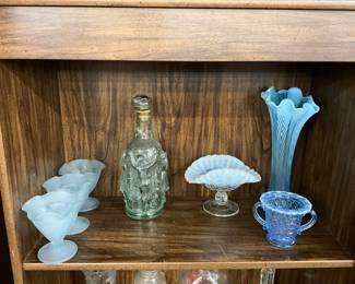 Indiana Glass Blue Frosted Sundae Glasses - Knobler Translucent Green Glass Bottle - Coinspot Patter Compote - Blue Swung Glass Vase - Katy Blue Opalescent Glass Sugar Bowl