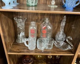 Clear Glass Items including Milk Bottles & Art Glass Swan