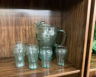Green Glass Coca-Cola Pitcher & Glasses