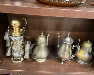 Glenshaw Glass Gold Pump Decanter & Shot Glasses - Pewter & Silver-Plated Tea Pots