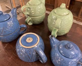 Pier 1 Blue & Green Stacking (3 pc) Teapots & Cups