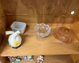 Double Neck Oil & Vinegar Cruet - Clear Glass Candy Bowl - Pink Depression Glass Butter or Cheese Dish
