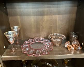 Pink Depression Glass Stemware - Deviled Egg Platter - Bowl - Glasses - Turkey Figurines