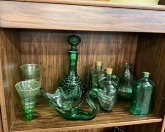 Assorted Green Glass Items Including Art Glass Swan Bowl & Decanter