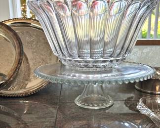 Pressed Glass Punch Bowl, Glass Beaded Edge Cake Stand