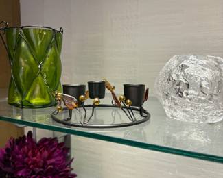 3 Arm Twig Themed Candlestick Holder, Snowball Glass Candle Holder