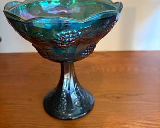 Iridescent Blue Harvest Grapes Carnival Glass Pedestal Candy Dish
