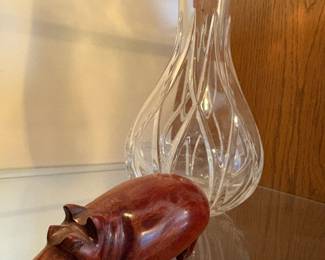 Carved Teak Wood Hippo Figurine, Cut Crystal Carafe