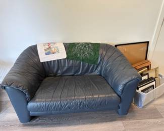 Pair of Matching Blue Leather Love Seats