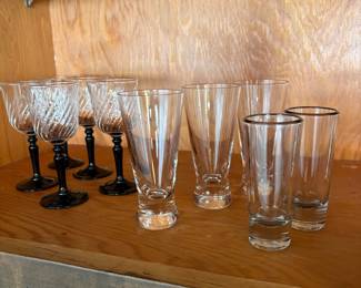 Set of 5 Swirled Clear Glass with Black Stem Aperitif Glasses, Assortment of Shotglasses