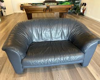 Pair of Matching Blue Leather Love Seats